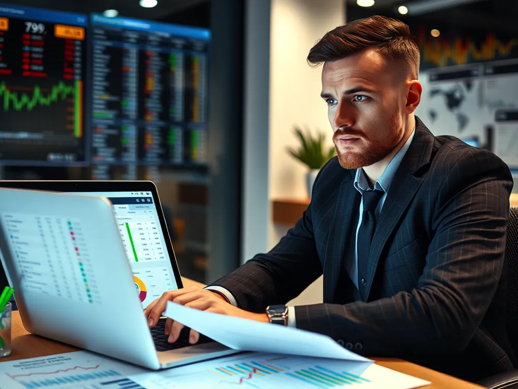 Chuyên gia phân tích đang xem kèo 1.75 trên laptop với biểu đồ và số liệu thống kê bóng đá, văn phòng hiện đại, ánh sáng tự nhiên