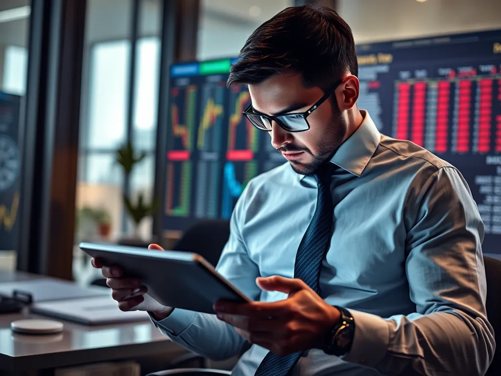 Chuyên gia phân tích đang xem kèo 3.5 trên máy tính bảng trong văn phòng hiện đại với biểu đồ dữ liệu cá cược thể thao