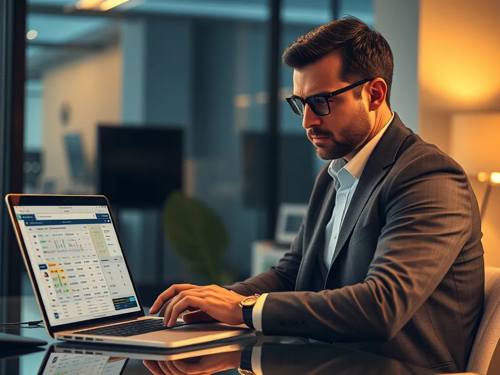 Chuyên gia phân tích đang xem xét kèo 1.25 và các tỷ lệ cược trên laptop với biểu đồ thống kê trong văn phòng hiện đại, tập trung vào dữ liệu bóng đá