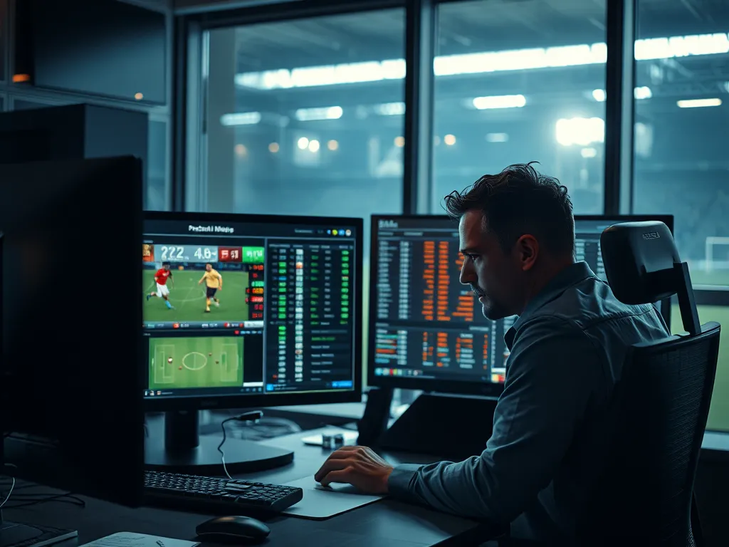 Chuyên gia phân tích đang xem xét kèo 1.5 trên màn hình máy tính với biểu đồ thống kê trận đấu, văn phòng hiện đại, ánh sáng tối chuyên nghiệp