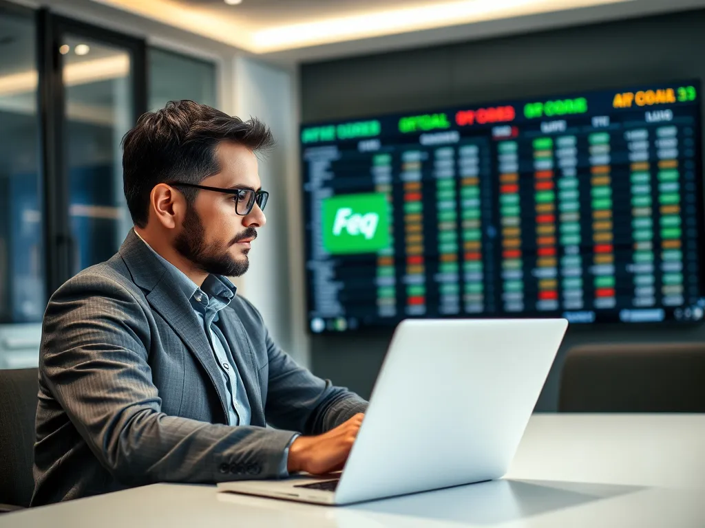 Chuyên gia phân tích kèo 2.75 trên laptop trong văn phòng hiện đại với biểu đồ số liệu và dữ liệu bóng đá