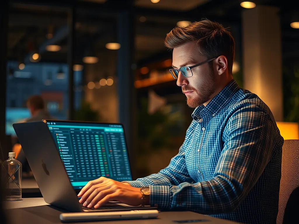 Chuyên gia phân tích kèo 3.25 trên laptop trong văn phòng hiện đại với ánh sáng ấm áp, tập trung vào màn hình hiển thị tỷ lệ cược bóng đá