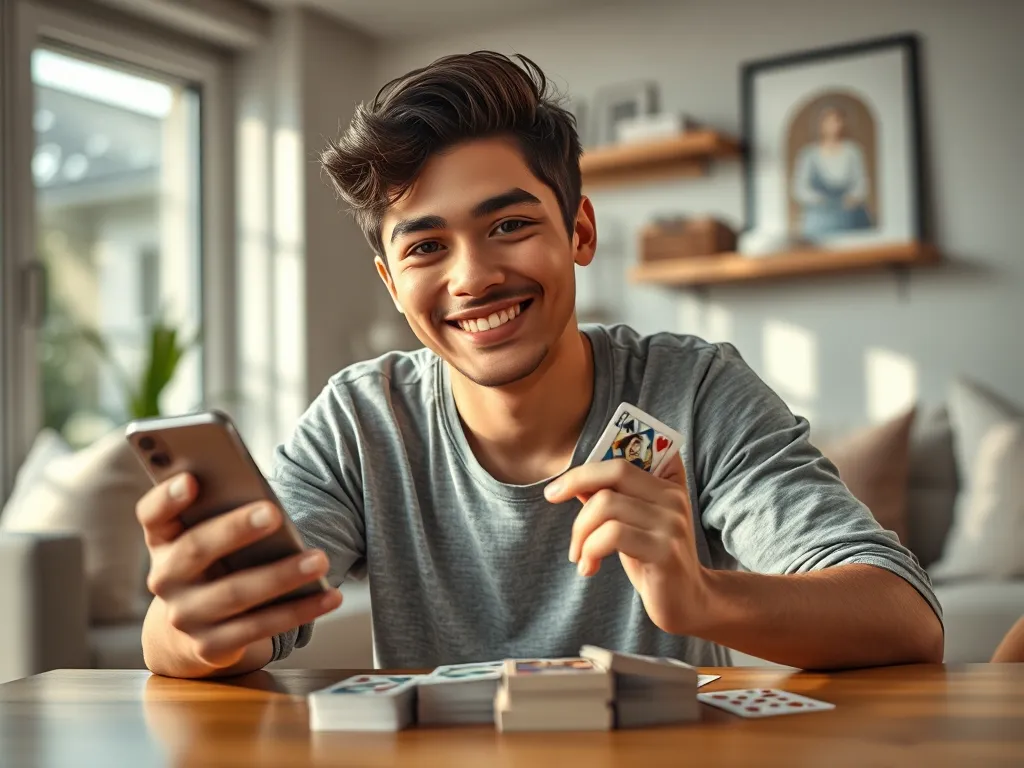 Người mới bắt đầu chơi phỏm trên điện thoại với bộ bài tây, trong phòng khách hiện đại, ánh sáng tự nhiên.